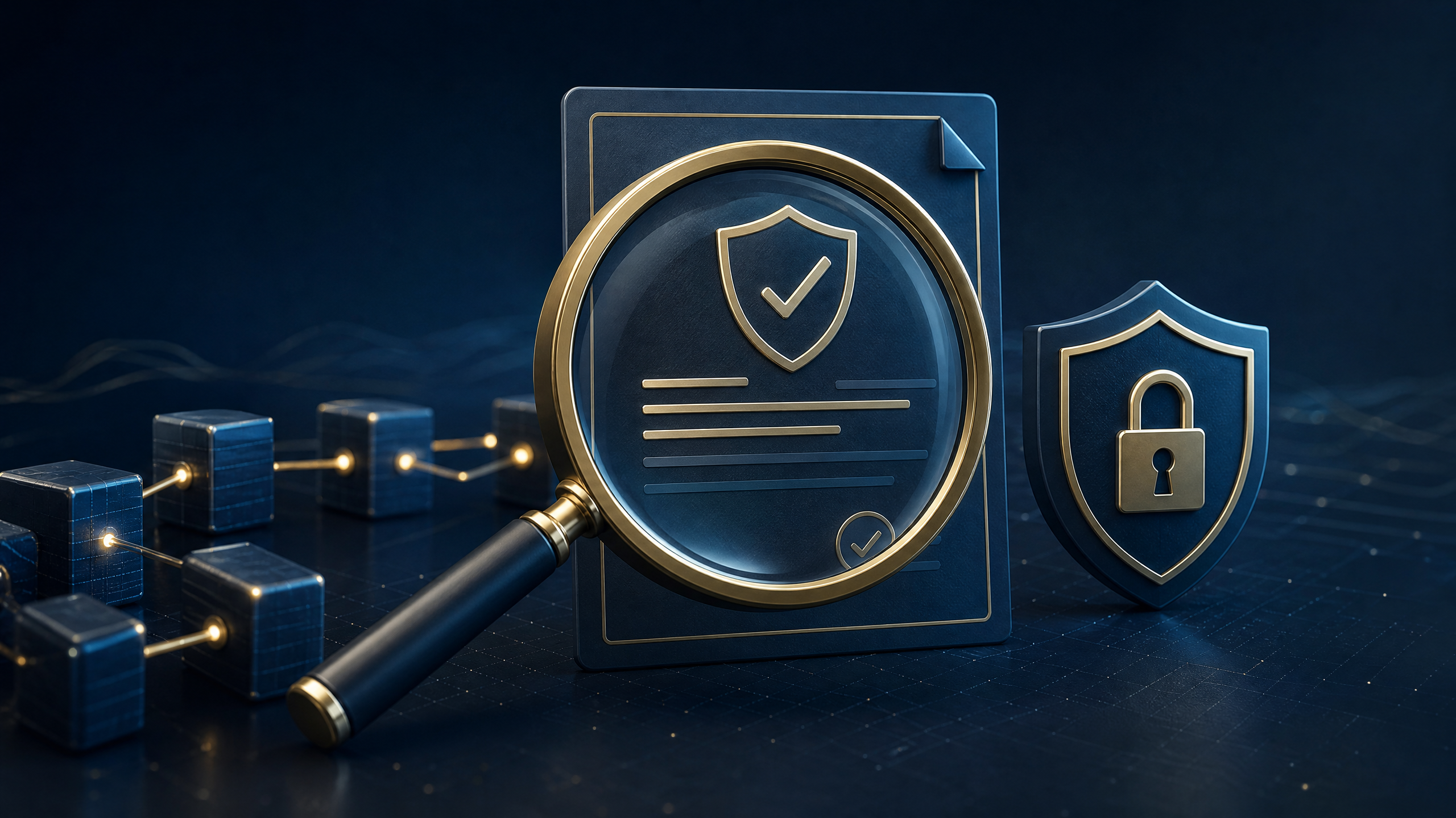 Magnifying glass checking a digital licence document and security shield Magnifying glass checking a digital licence document and security shield